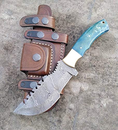 Ottoza Handmade Damascus Tracker Knife with Blue Bone Handle No:198